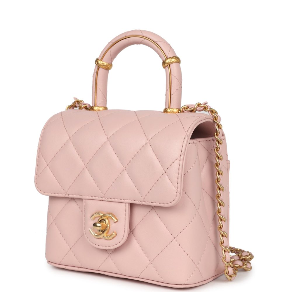 Chanel Mini Square Top Handle Flap Light Pink Lambskin Antique Gold Hardware - Image 5