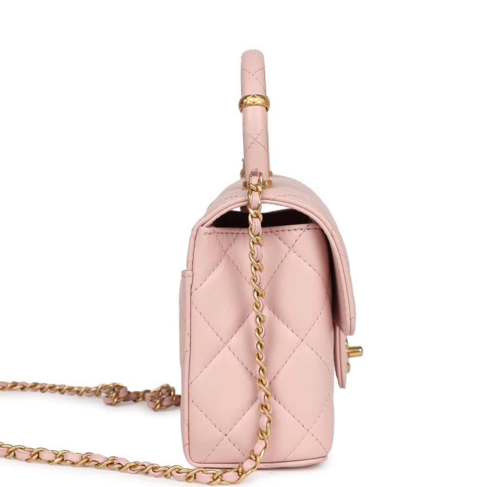 Chanel Mini Square Top Handle Flap Light Pink Lambskin Antique Gold Hardware - Image 3