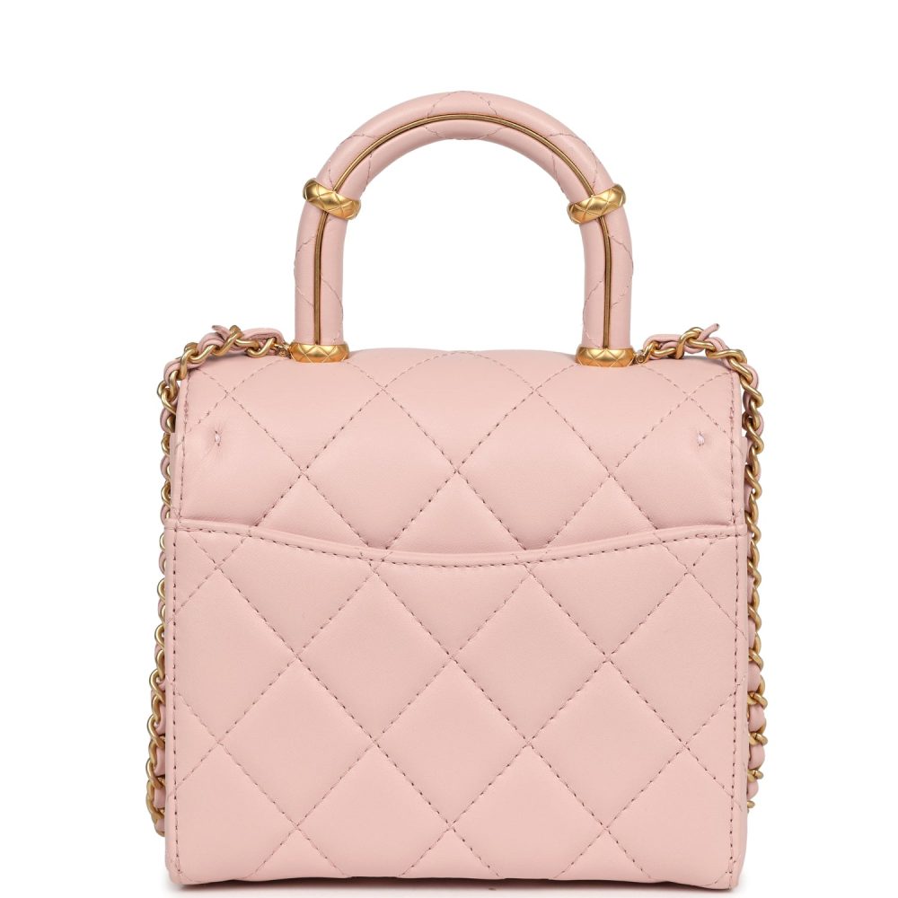 Chanel Mini Square Top Handle Flap Light Pink Lambskin Antique Gold Hardware - Image 4