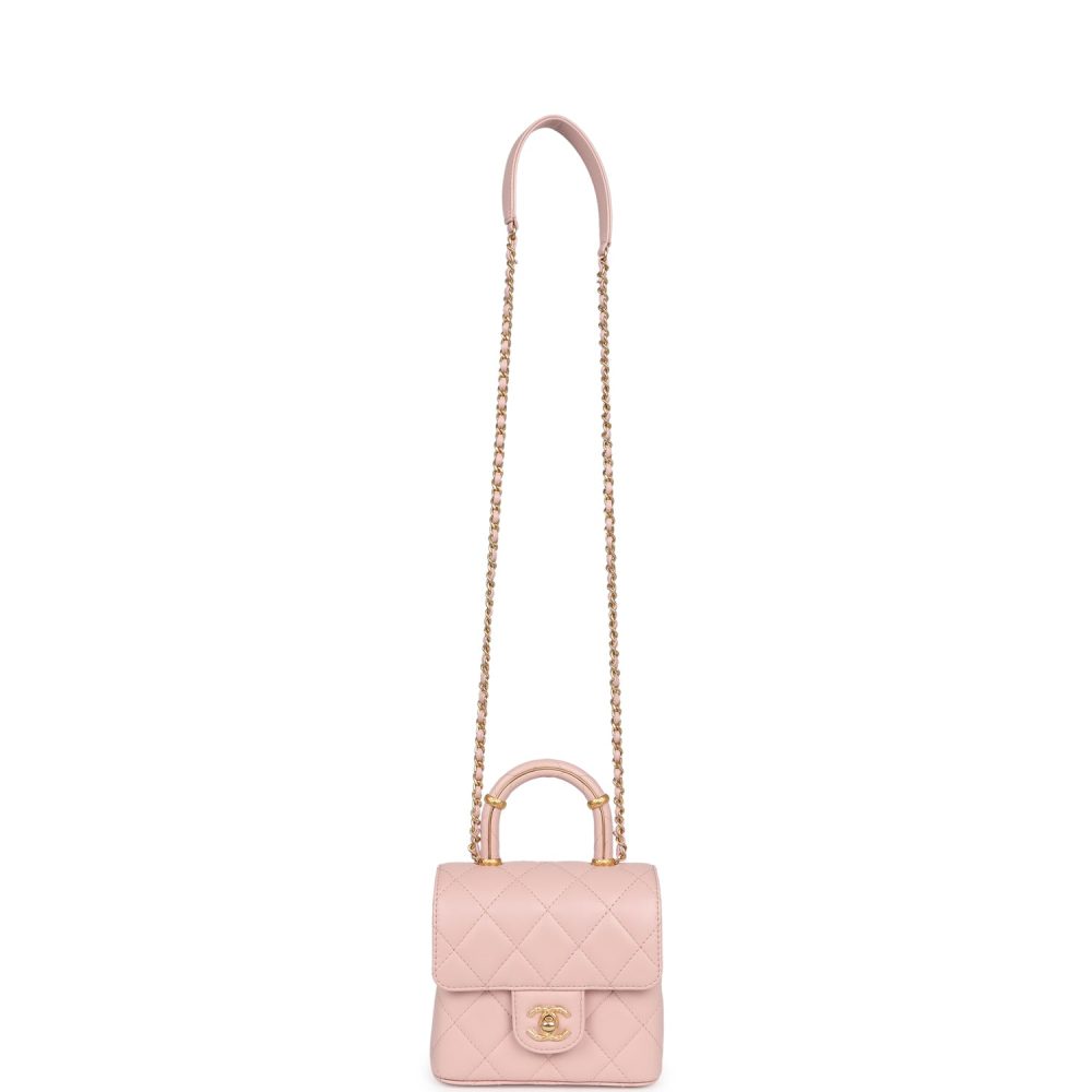 Chanel Mini Square Top Handle Flap Light Pink Lambskin Antique Gold Hardware - Image 7