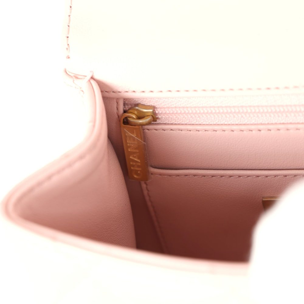 Chanel Mini Square Top Handle Flap Light Pink Lambskin Antique Gold Hardware - Image 10