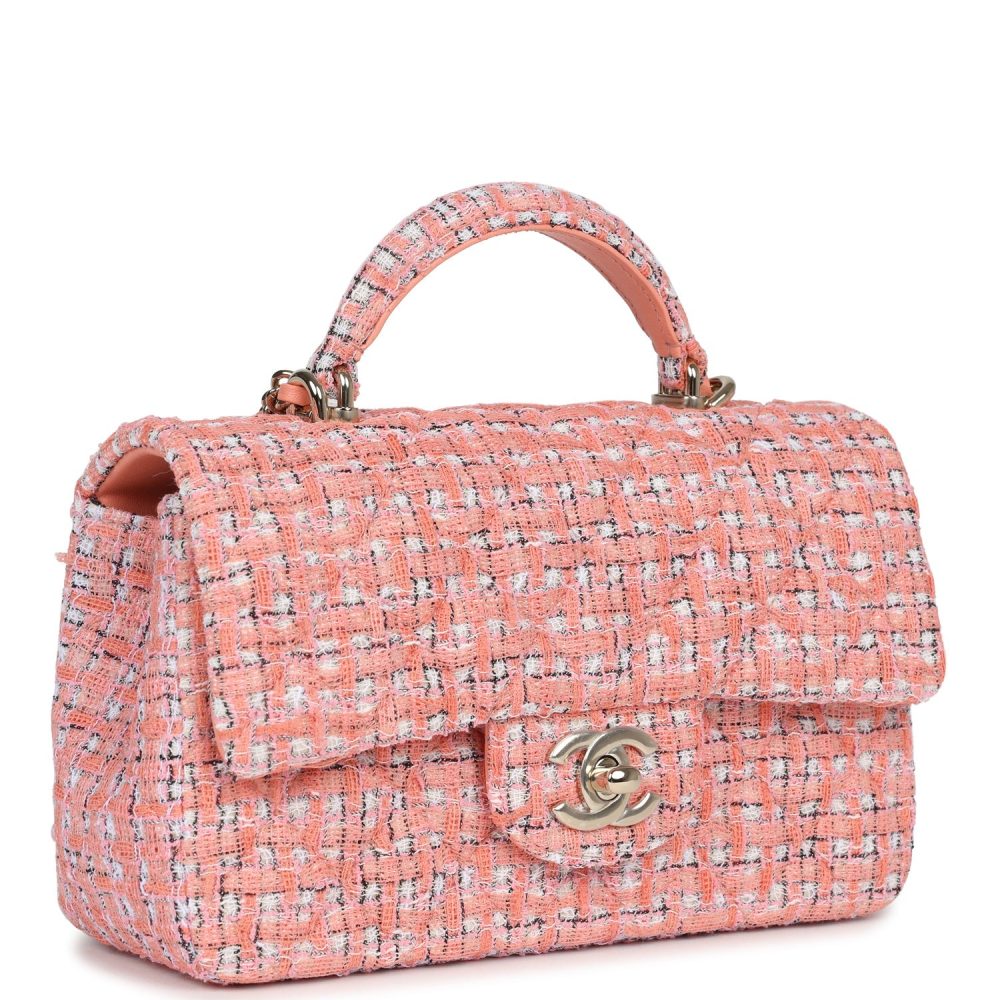 Chanel Mini Rectangular Top Handle Flap Bag Coral Tweed Light Gold Hardware - Image 2