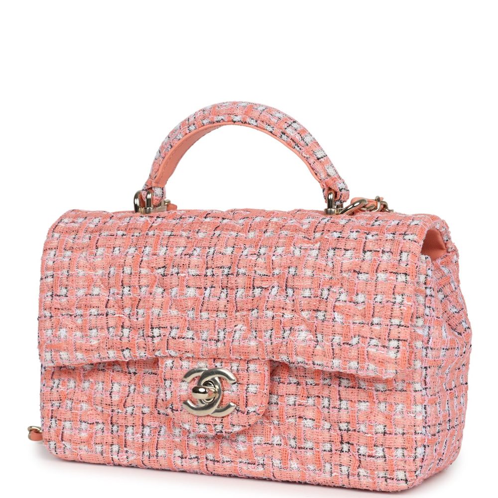 Chanel Mini Rectangular Top Handle Flap Bag Coral Tweed Light Gold Hardware - Image 5