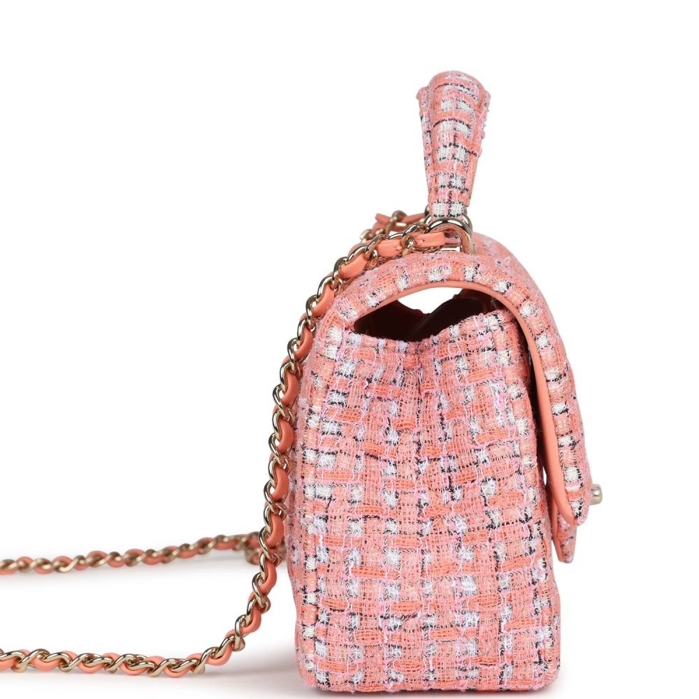 Chanel Mini Rectangular Top Handle Flap Bag Coral Tweed Light Gold Hardware - Image 3