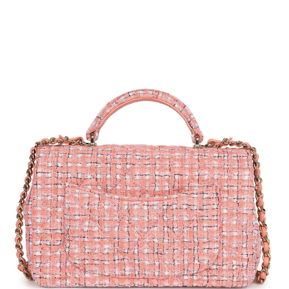 Chanel Mini Rectangular Top Handle Flap Bag Coral Tweed Light Gold Hardware - Image 4