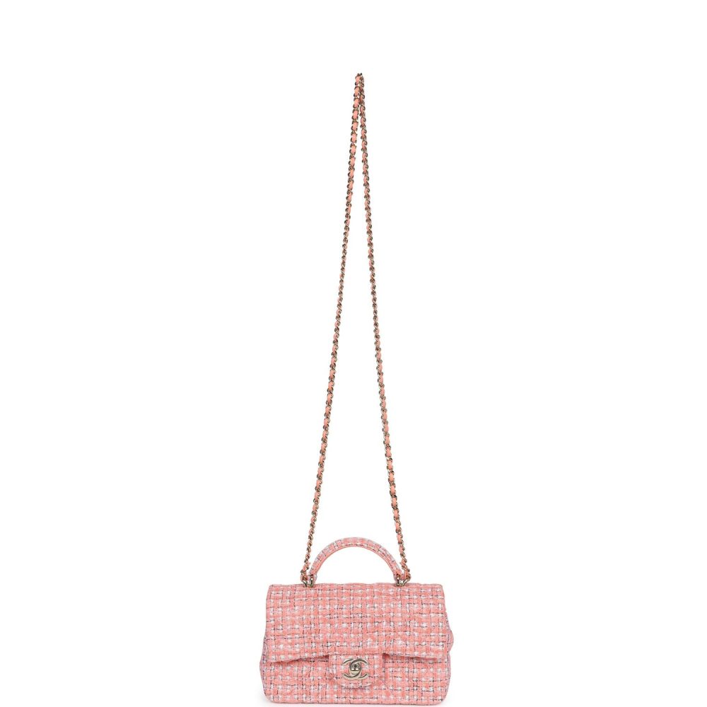 Chanel Mini Rectangular Top Handle Flap Bag Coral Tweed Light Gold Hardware - Image 7