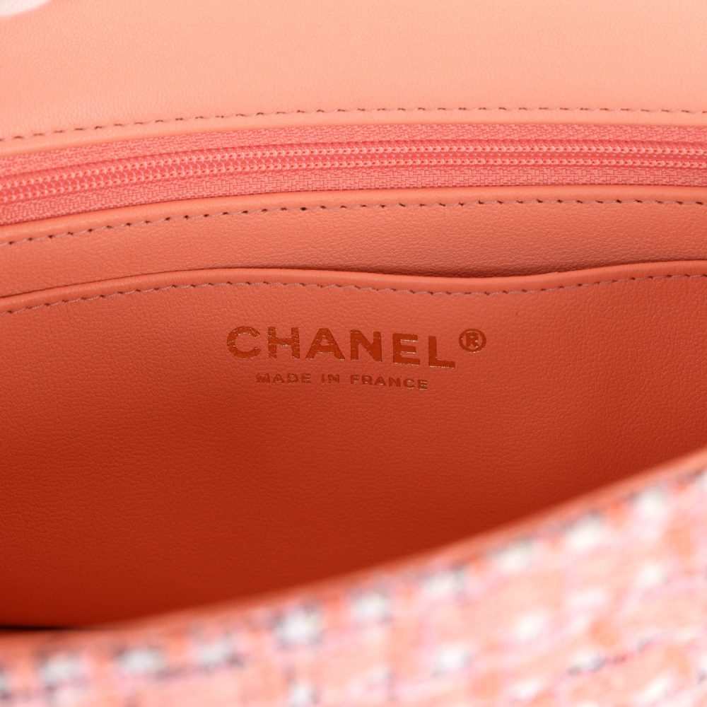 Chanel Mini Rectangular Top Handle Flap Bag Coral Tweed Light Gold Hardware - Image 9