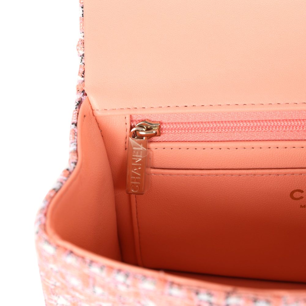 Chanel Mini Rectangular Top Handle Flap Bag Coral Tweed Light Gold Hardware - Image 10