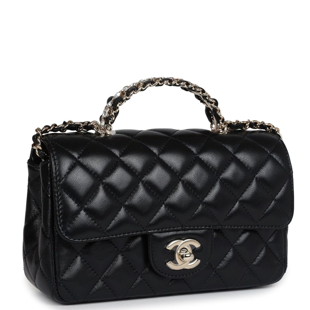 Chanel Mini Rectangular Crystal Top Handle Flap Bag Black Lambskin Light Gold Hardware - Image 2