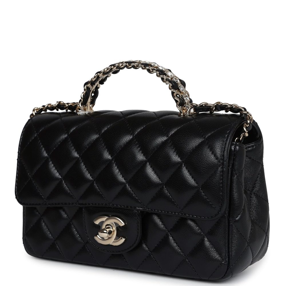 Chanel Mini Rectangular Crystal Top Handle Flap Bag Black Lambskin Light Gold Hardware - Image 5