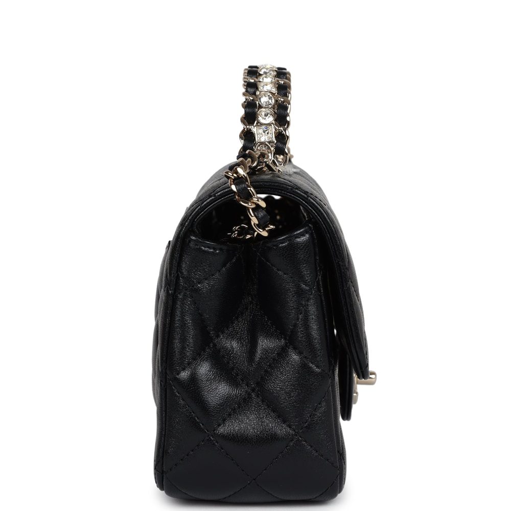 Chanel Mini Rectangular Crystal Top Handle Flap Bag Black Lambskin Light Gold Hardware - Image 3