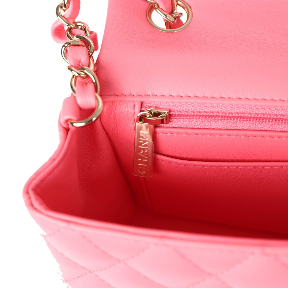 Chanel Mini Rectangular Flap Bag Hot Pink Lambskin Light Gold Hardware - Image 10