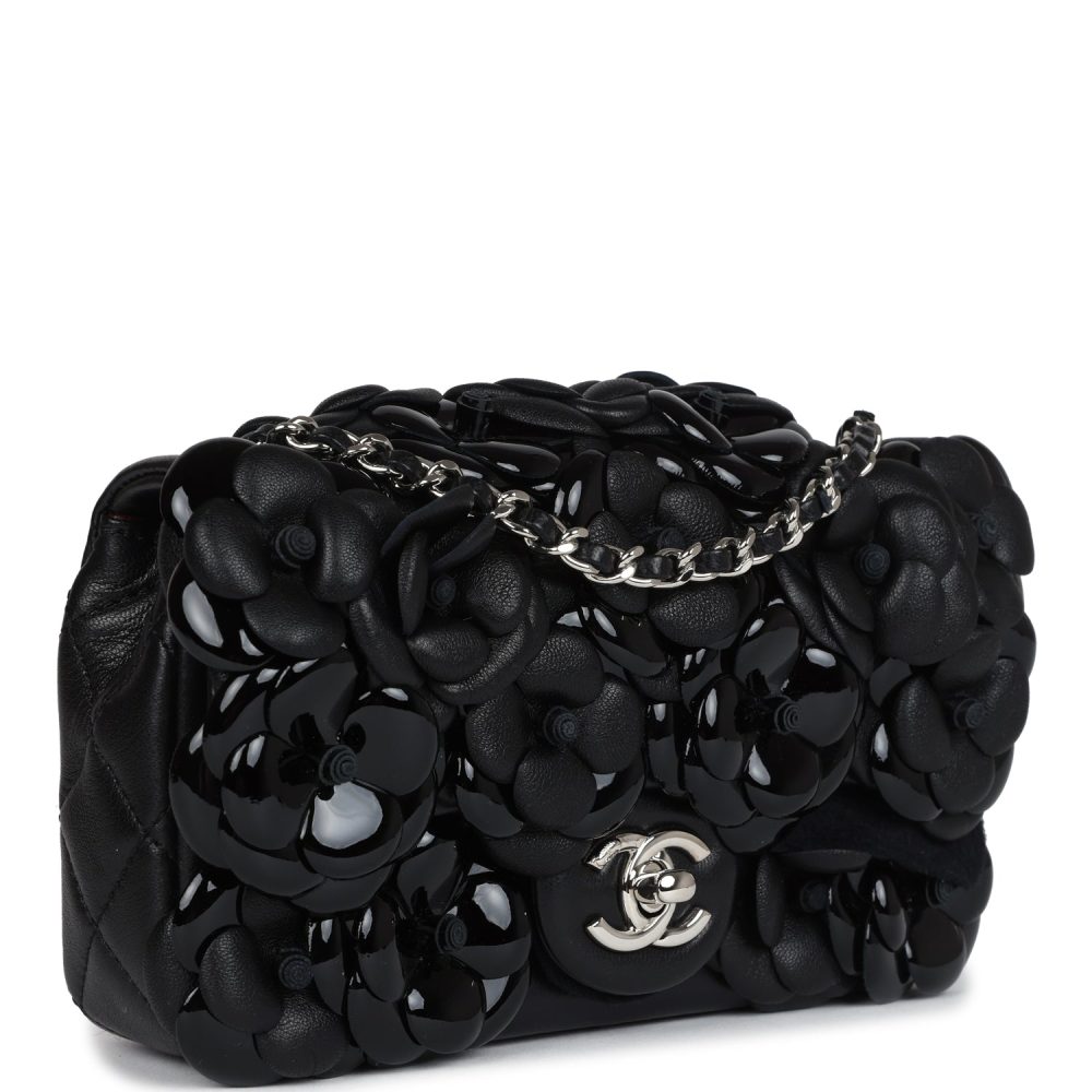 Chanel Mini Rectangular Camellia Flap Bag Black Lambskin and Patent Silver Hardware - Image 2