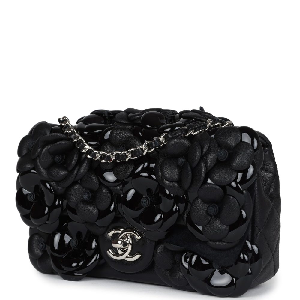 Chanel Mini Rectangular Camellia Flap Bag Black Lambskin and Patent Silver Hardware - Image 3