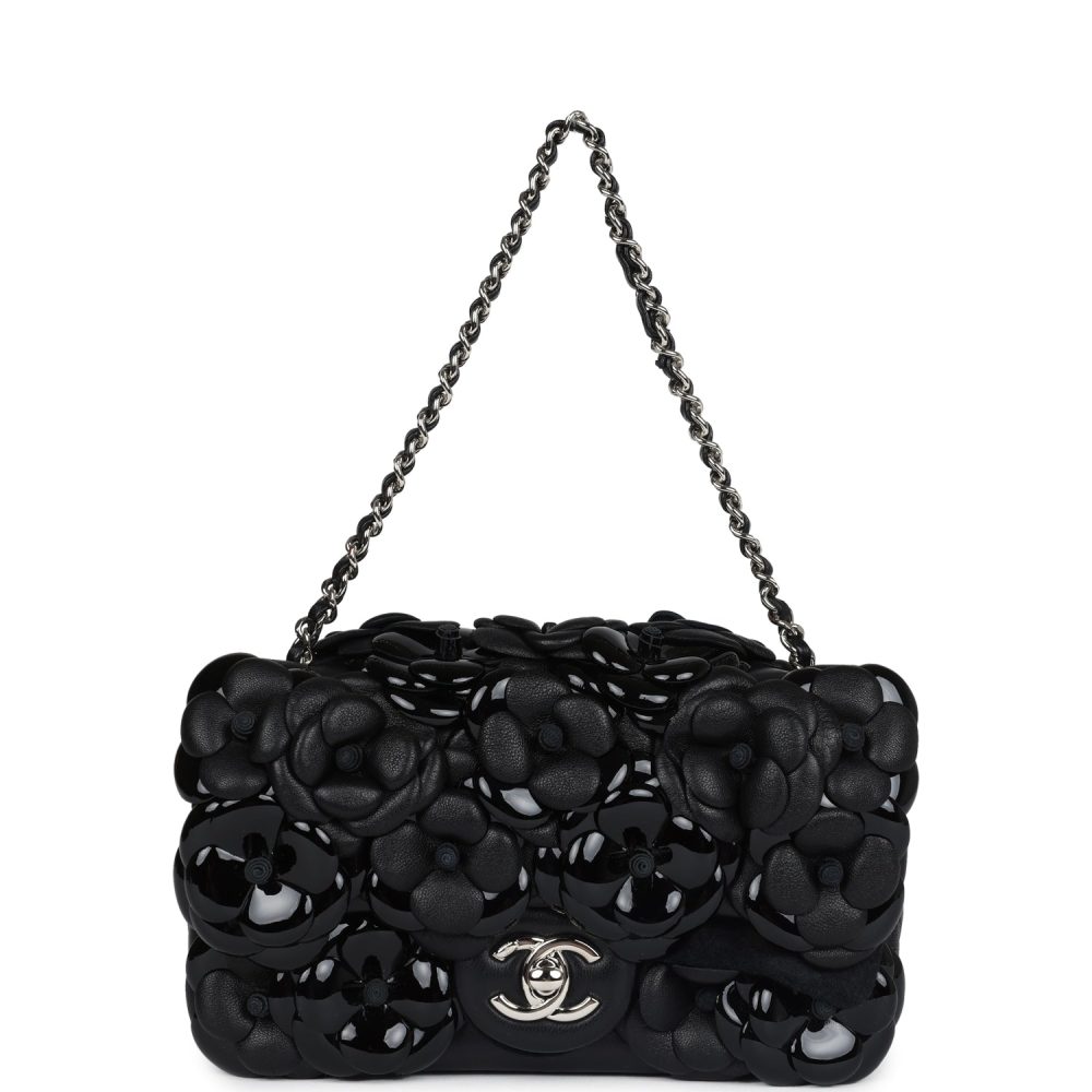 Chanel Mini Rectangular Camellia Flap Bag Black Lambskin and Patent Silver Hardware - Image 7