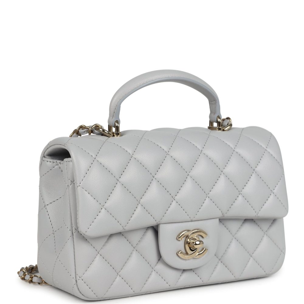 Chanel Mini Rectangular Flap Bag with Top Handle Light Grey Lambskin Light Gold Hardware - Image 2