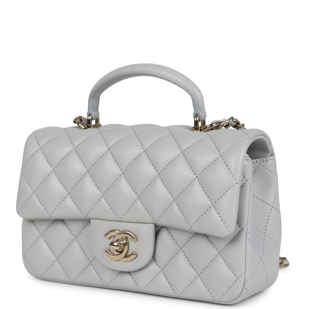 Chanel Mini Rectangular Flap Bag with Top Handle Light Grey Lambskin Light Gold Hardware - Image 5