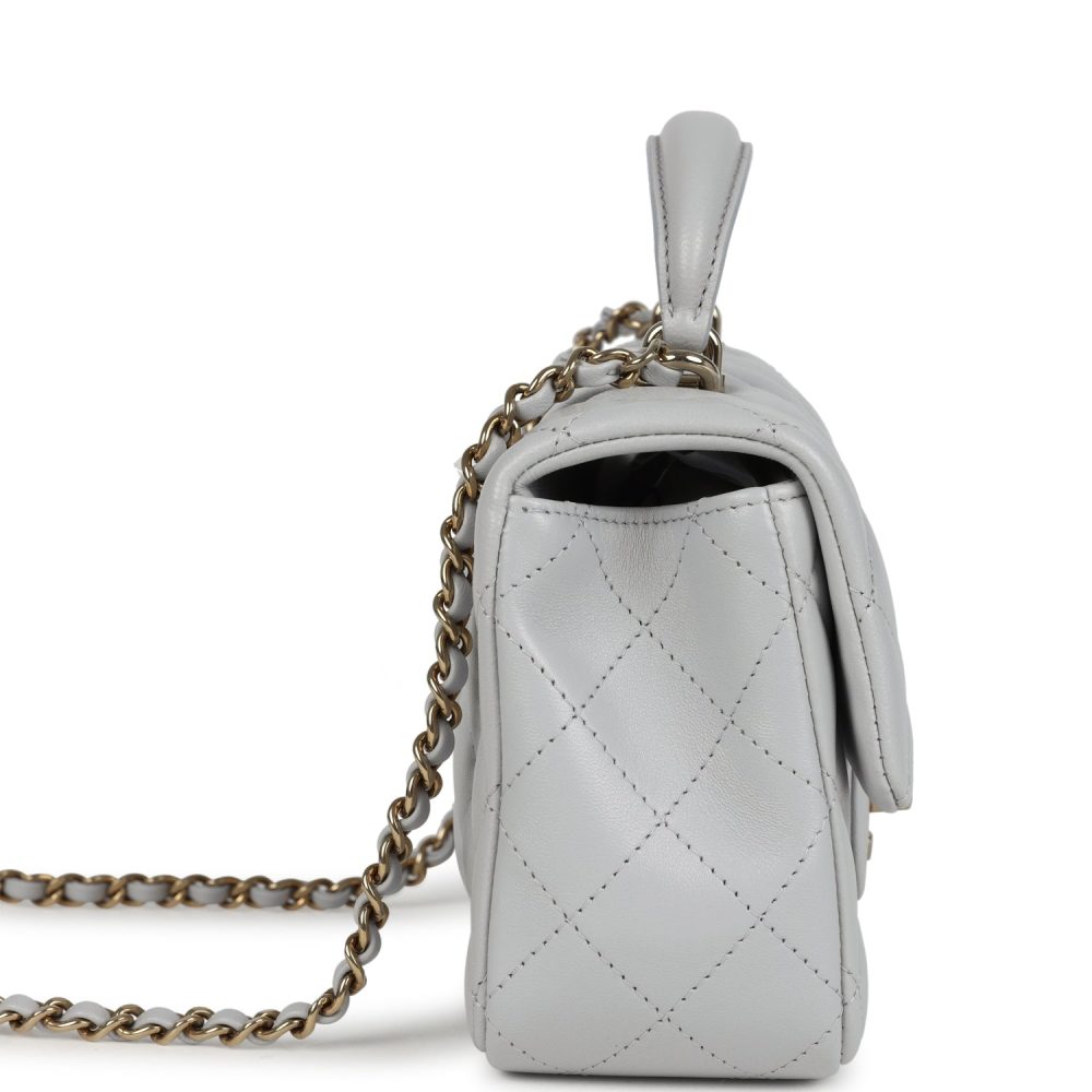 Chanel Mini Rectangular Flap Bag with Top Handle Light Grey Lambskin Light Gold Hardware - Image 3
