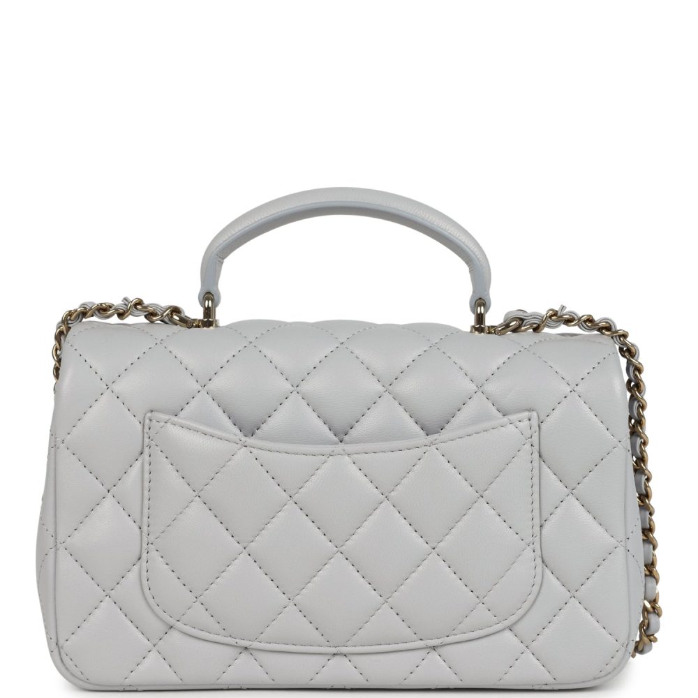 Chanel Mini Rectangular Flap Bag with Top Handle Light Grey Lambskin Light Gold Hardware - Image 4