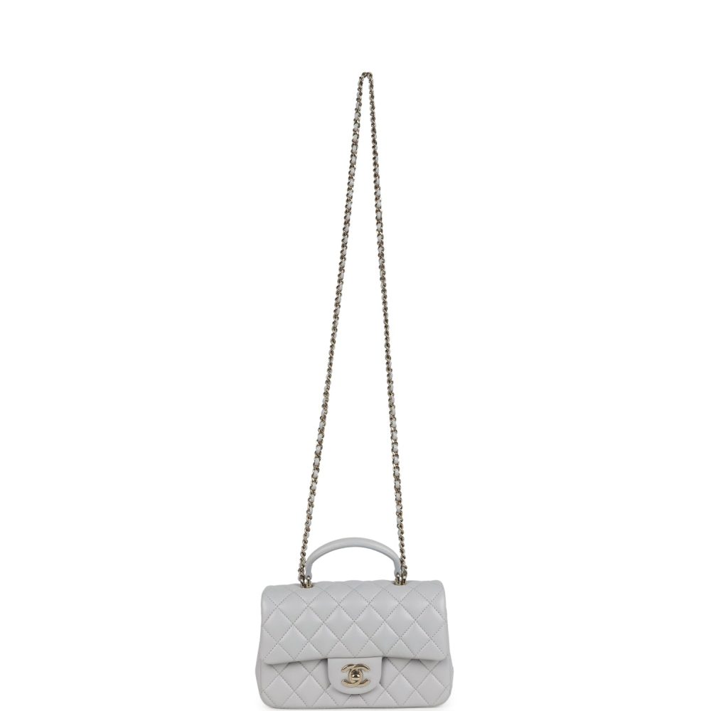 Chanel Mini Rectangular Flap Bag with Top Handle Light Grey Lambskin Light Gold Hardware - Image 7