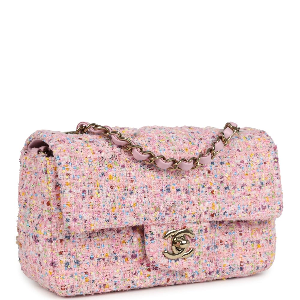 Chanel Mini Classic Rectangular Flap Bag Pink Tweed and Sequin Light Gold Hardware - Image 2