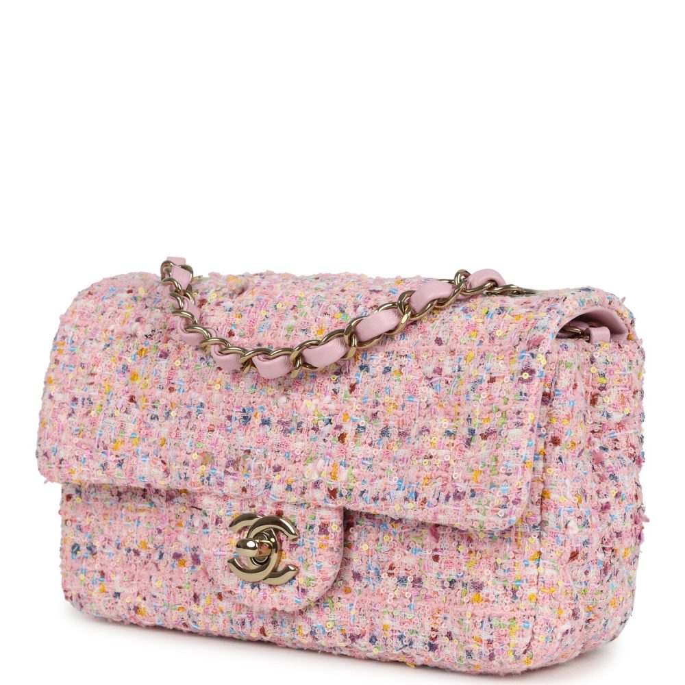 Chanel Mini Classic Rectangular Flap Bag Pink Tweed and Sequin Light Gold Hardware - Image 5