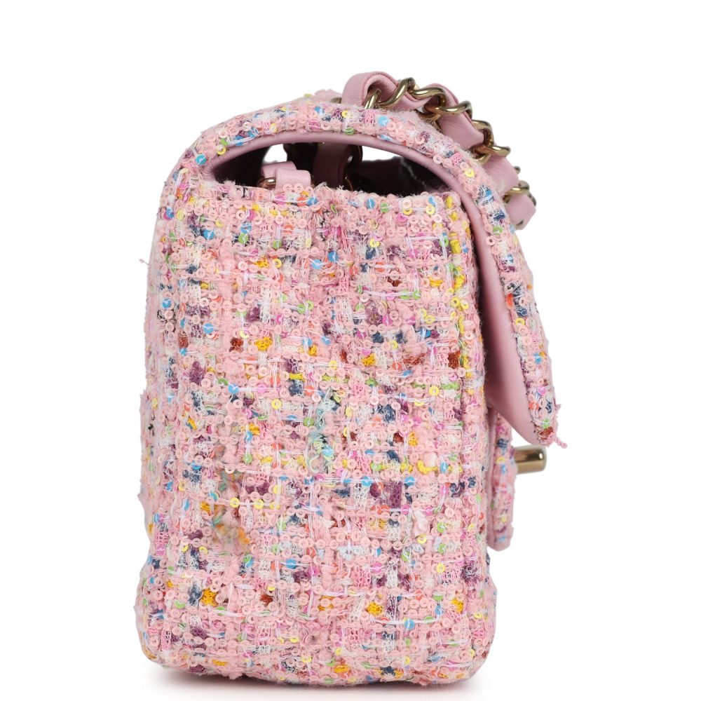 Chanel Mini Classic Rectangular Flap Bag Pink Tweed and Sequin Light Gold Hardware - Image 3