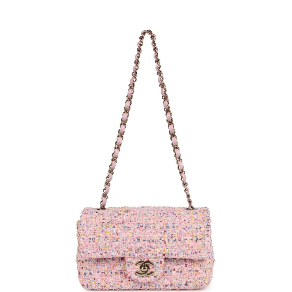 Chanel Mini Classic Rectangular Flap Bag Pink Tweed and Sequin Light Gold Hardware - Image 7