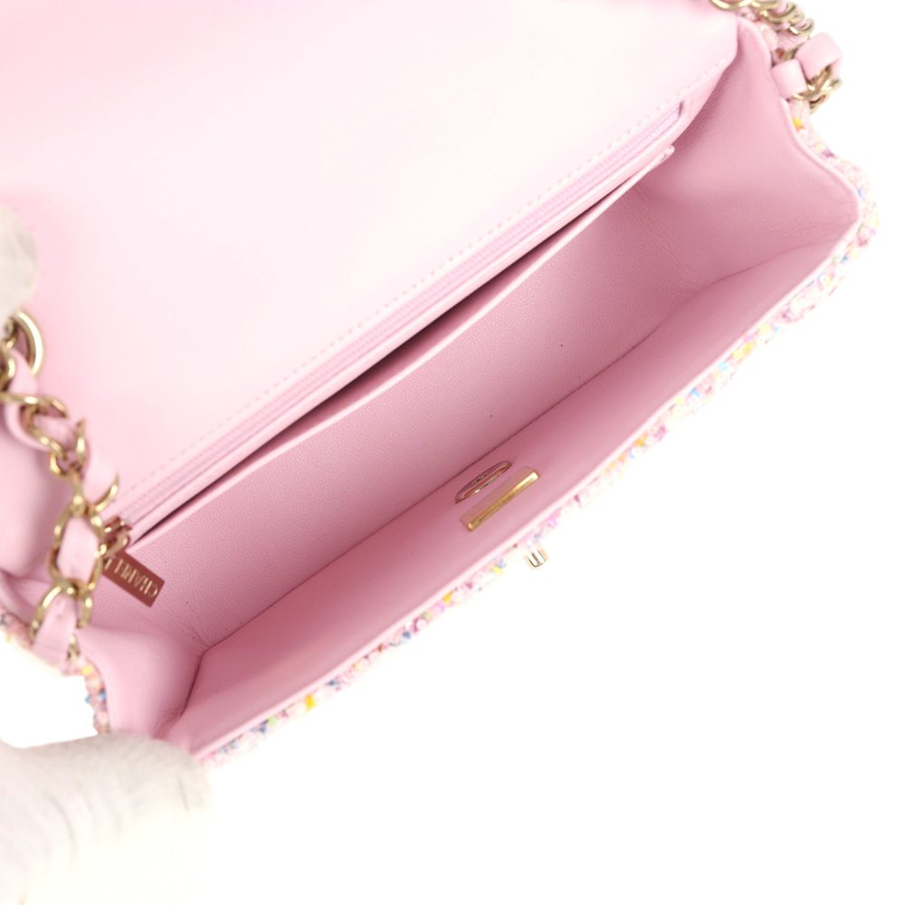 Chanel Mini Classic Rectangular Flap Bag Pink Tweed and Sequin Light Gold Hardware - Image 8