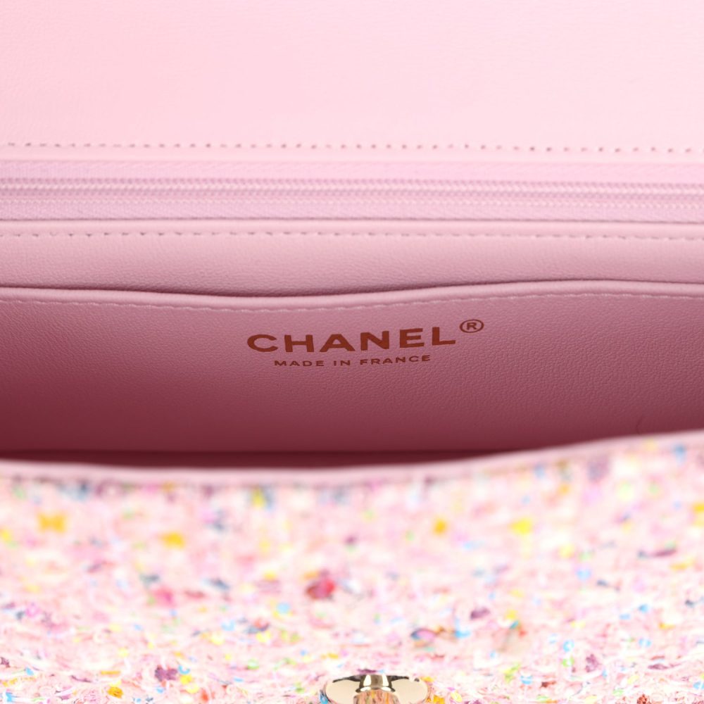 Chanel Mini Classic Rectangular Flap Bag Pink Tweed and Sequin Light Gold Hardware - Image 9