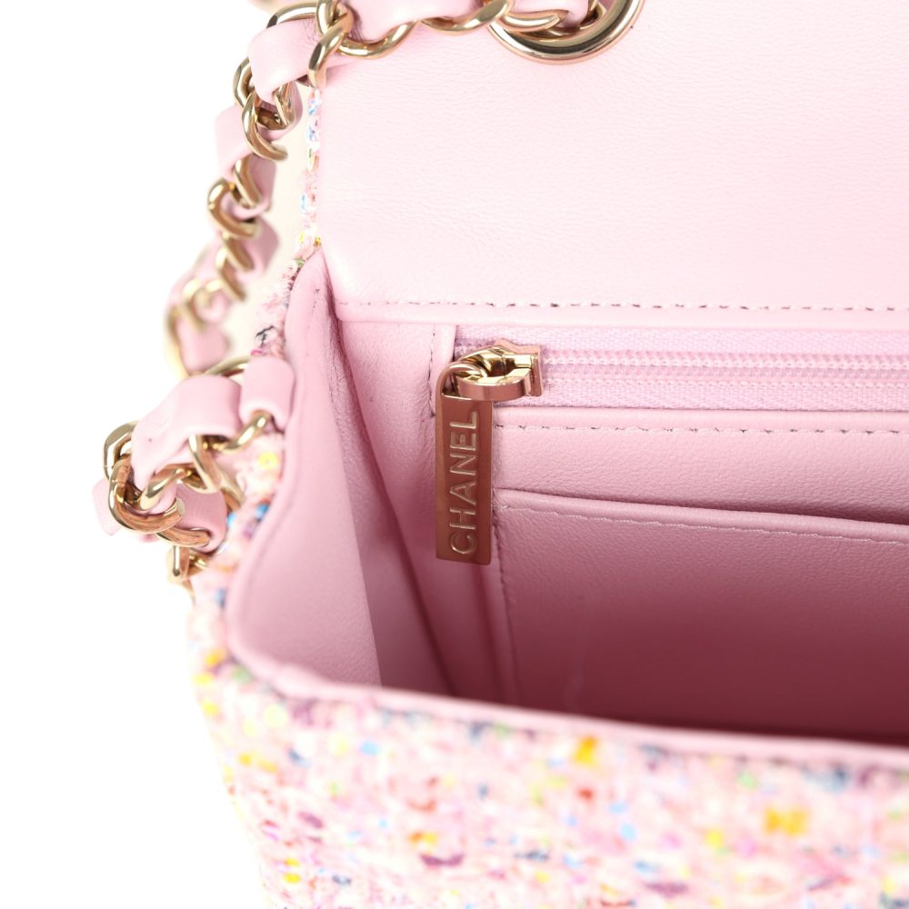 Chanel Mini Classic Rectangular Flap Bag Pink Tweed and Sequin Light Gold Hardware - Image 10