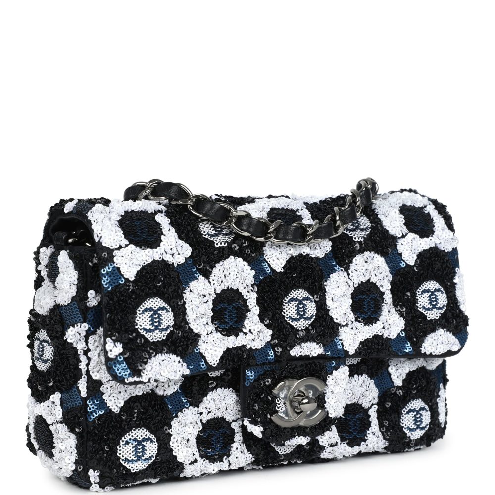 Chanel Mini Rectangular Flower Flap Bag Black, Navy and White Sequin Ruthenium Hardware - Image 2