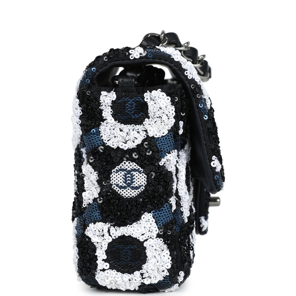 Chanel Mini Rectangular Flower Flap Bag Black, Navy and White Sequin Ruthenium Hardware - Image 3