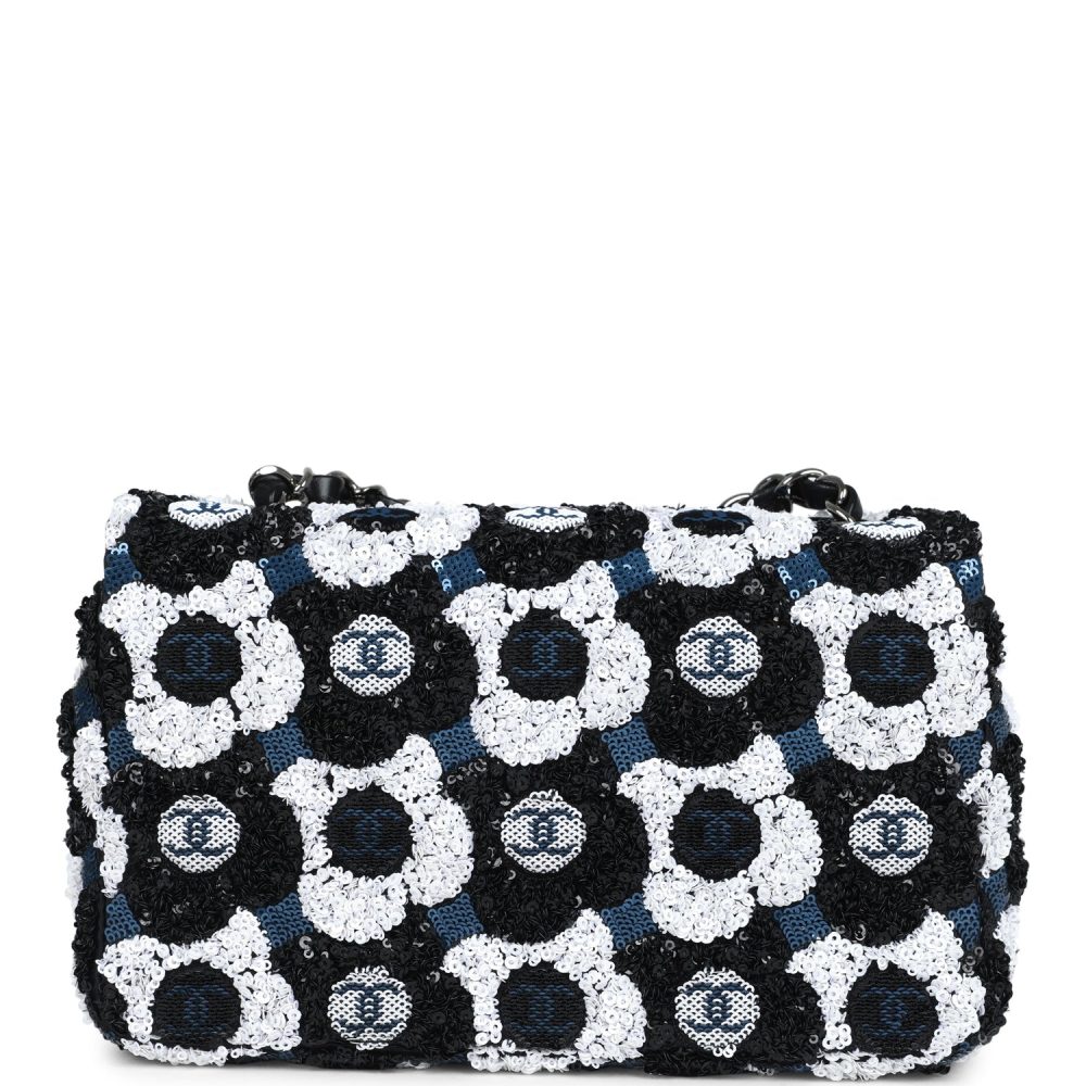 Chanel Mini Rectangular Flower Flap Bag Black, Navy and White Sequin Ruthenium Hardware - Image 4
