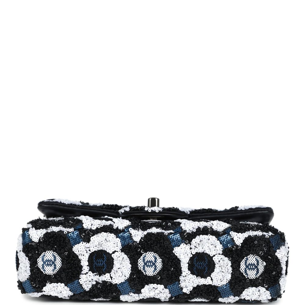 Chanel Mini Rectangular Flower Flap Bag Black, Navy and White Sequin Ruthenium Hardware - Image 6