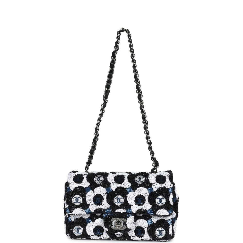 Chanel Mini Rectangular Flower Flap Bag Black, Navy and White Sequin Ruthenium Hardware - Image 7