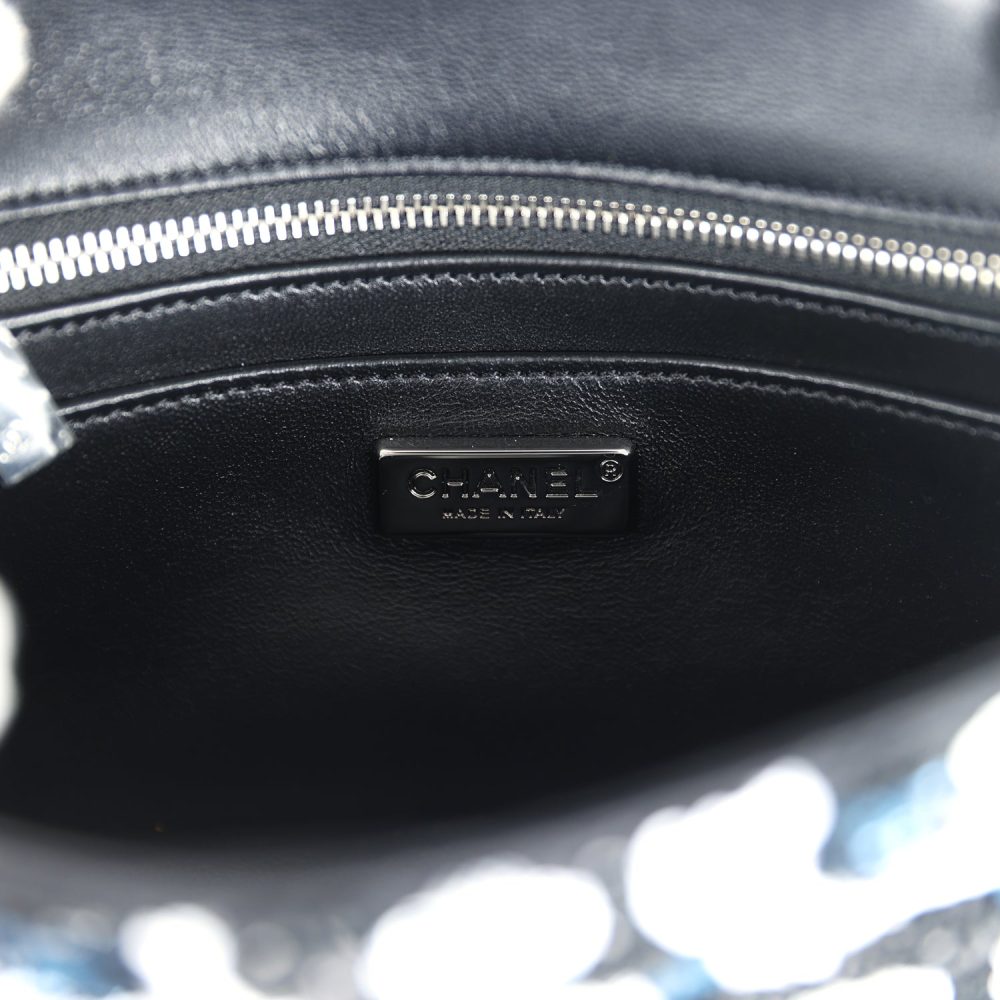 Chanel Mini Rectangular Flower Flap Bag Black, Navy and White Sequin Ruthenium Hardware - Image 9