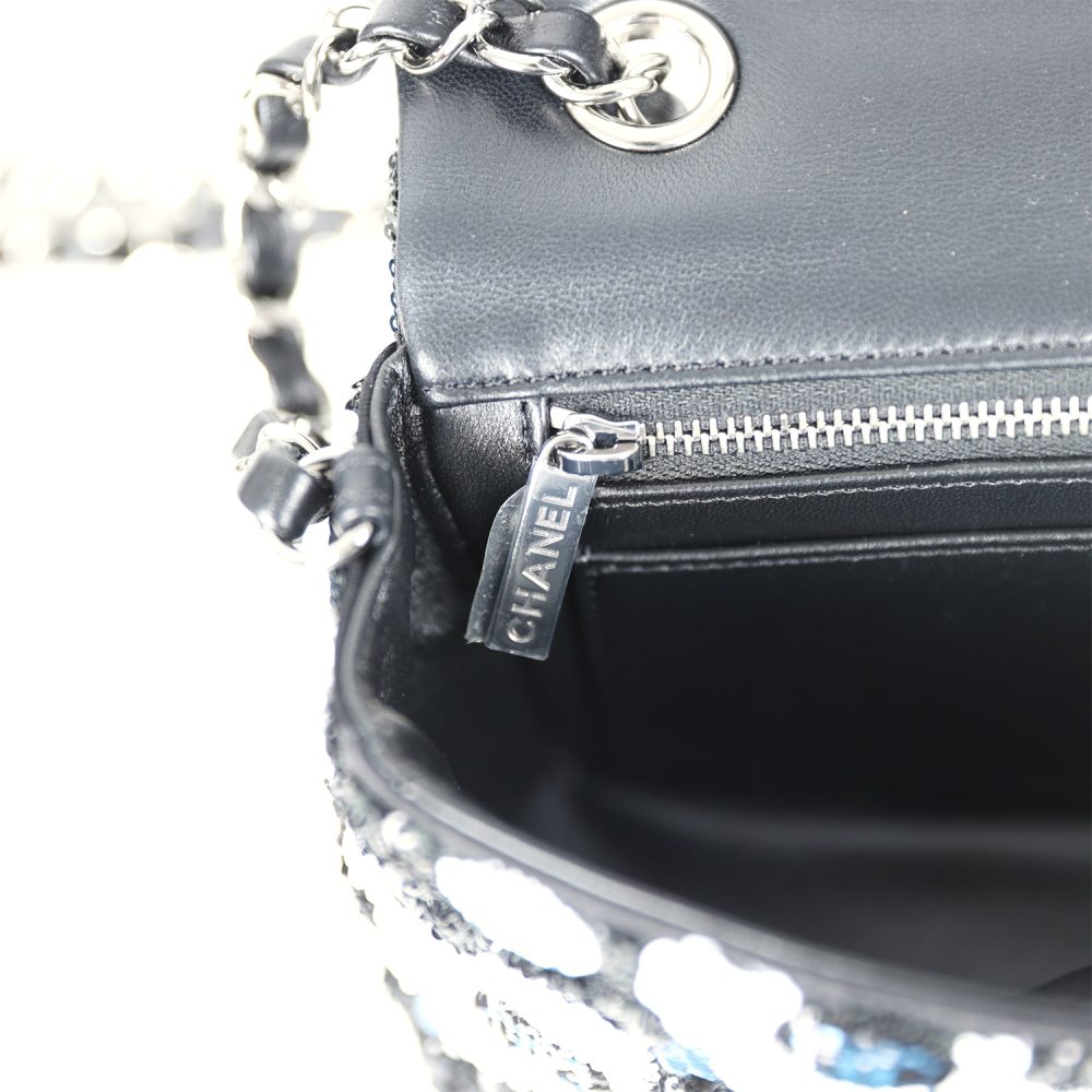 Chanel Mini Rectangular Flower Flap Bag Black, Navy and White Sequin Ruthenium Hardware - Image 10