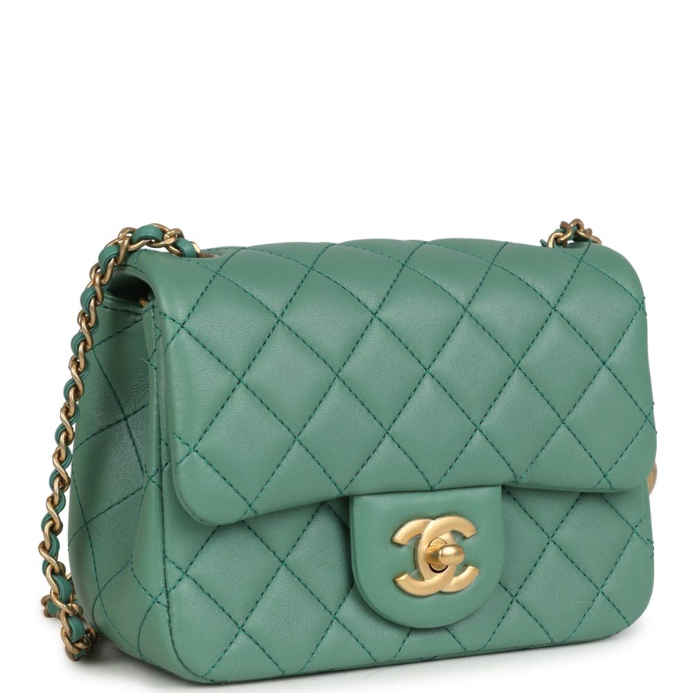 Chanel Mini Square Pearl Crush Flap Bag Green Lambskin Antique Gold Hardware - Image 2