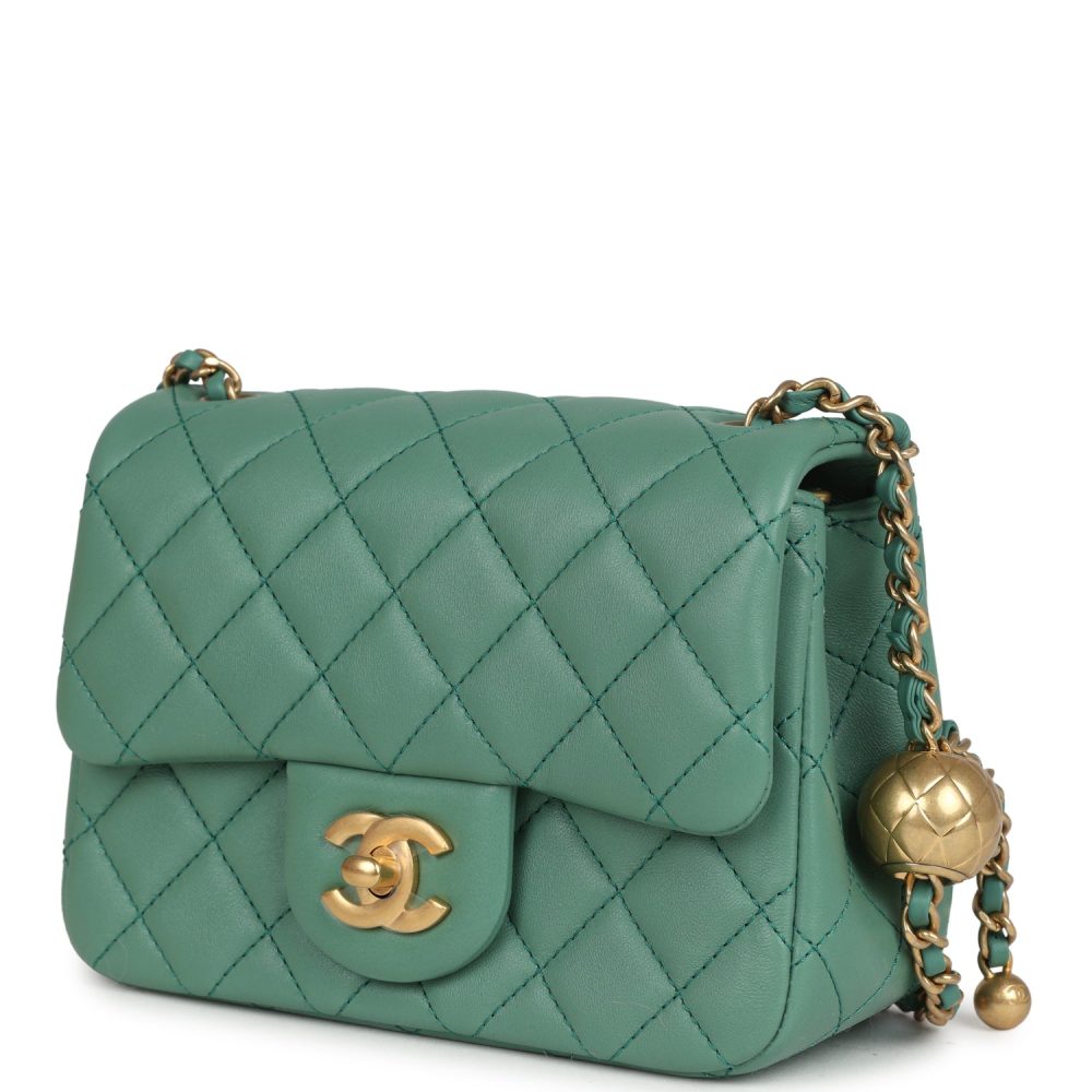 Chanel Mini Square Pearl Crush Flap Bag Green Lambskin Antique Gold Hardware - Image 5