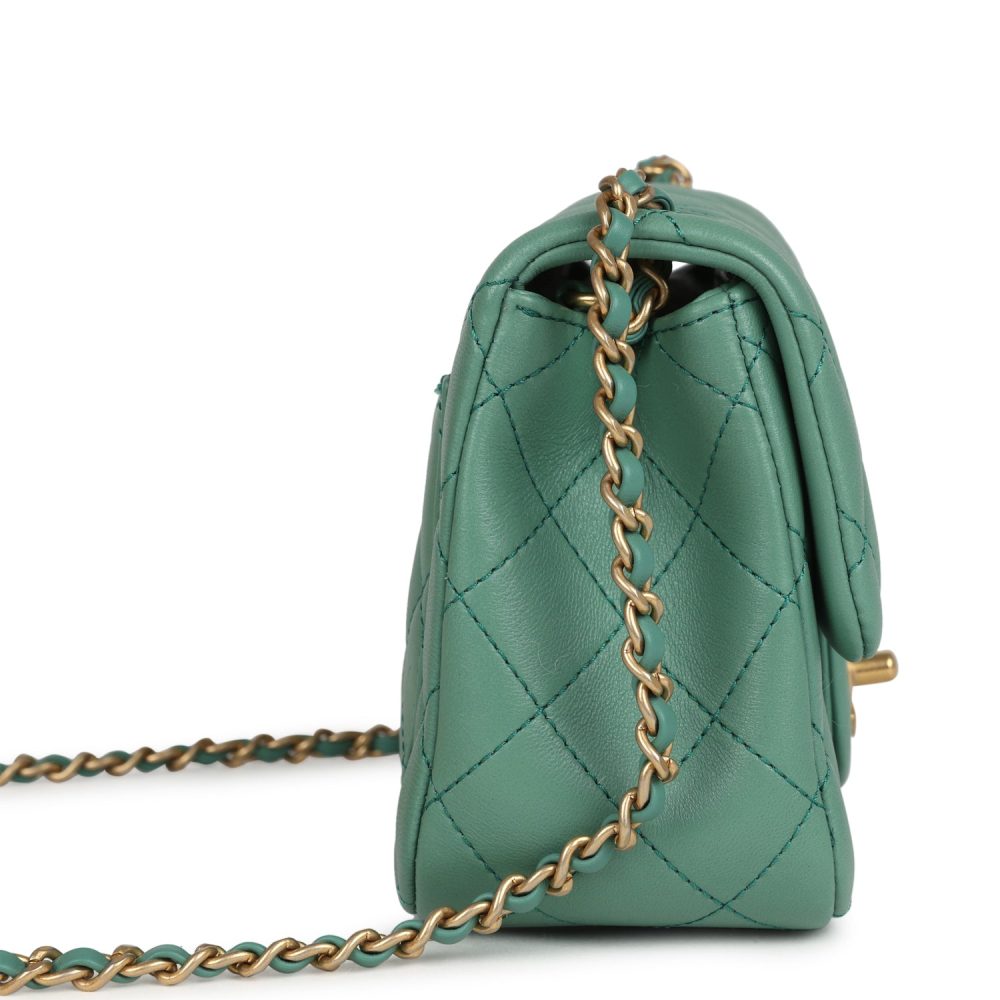 Chanel Mini Square Pearl Crush Flap Bag Green Lambskin Antique Gold Hardware - Image 3