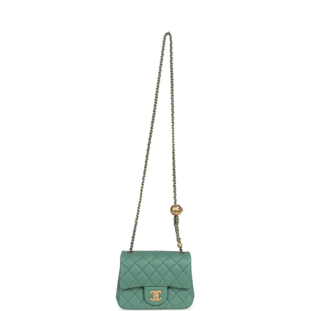Chanel Mini Square Pearl Crush Flap Bag Green Lambskin Antique Gold Hardware - Image 7