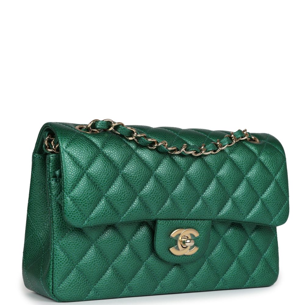 Chanel Small Classic Double Flap Bag Emerald Green Shiny Caviar Gold Hardware - Image 2