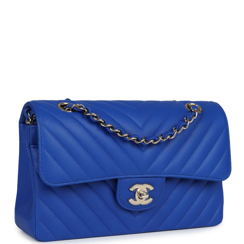 Chanel Small Classic Double Flap Blue Chevron Caviar Light Gold Hardware - Image 2