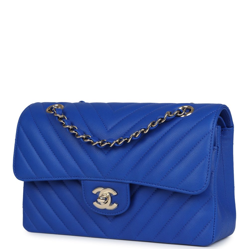 Chanel Small Classic Double Flap Blue Chevron Caviar Light Gold Hardware - Image 5