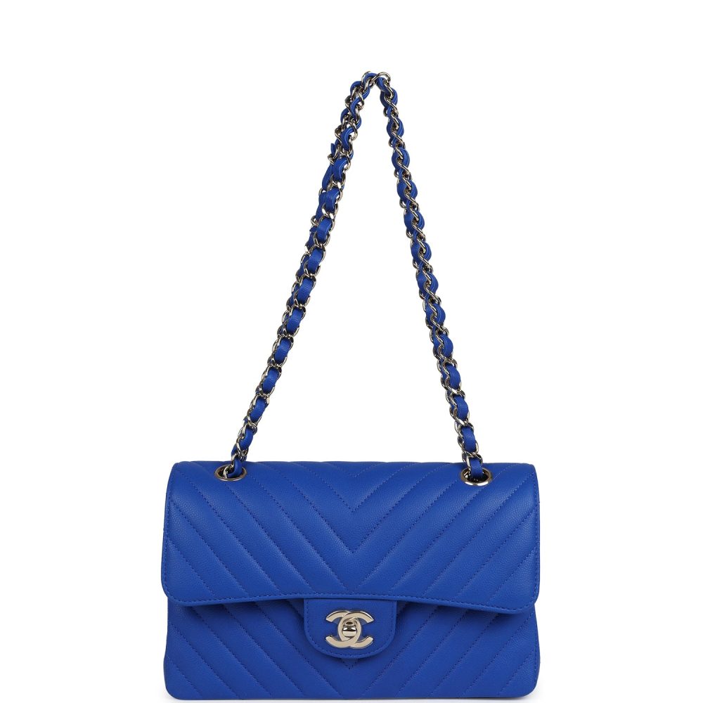 Chanel Small Classic Double Flap Blue Chevron Caviar Light Gold Hardware - Image 7