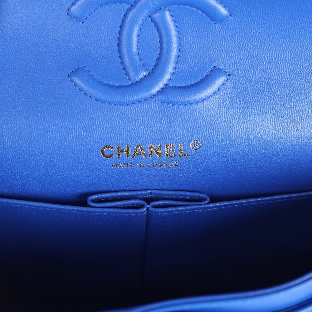 Chanel Small Classic Double Flap Blue Chevron Caviar Light Gold Hardware - Image 8