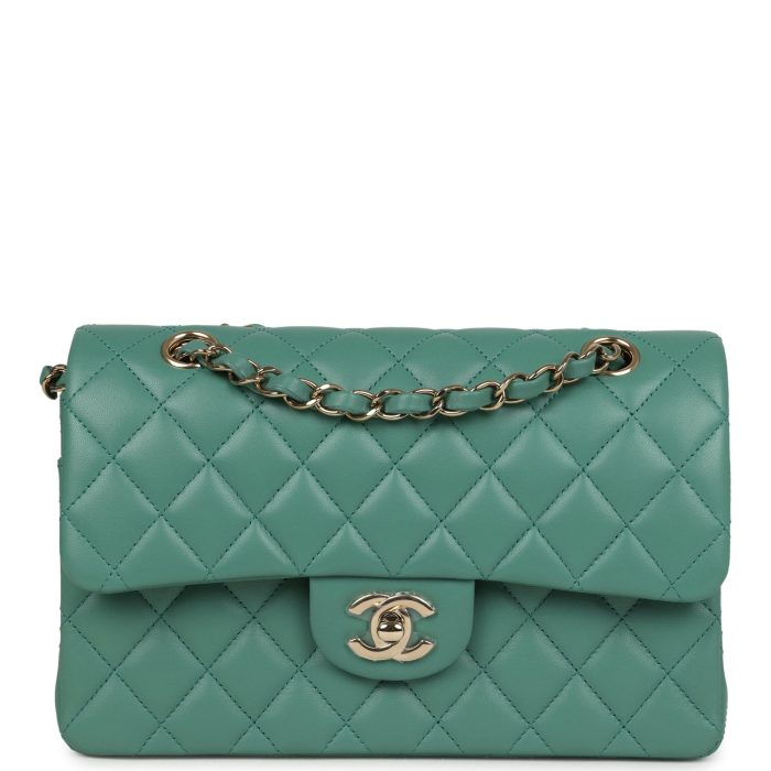 Chanel Small Classic Double Flap Bag Green Lambskin Light Gold Hardware