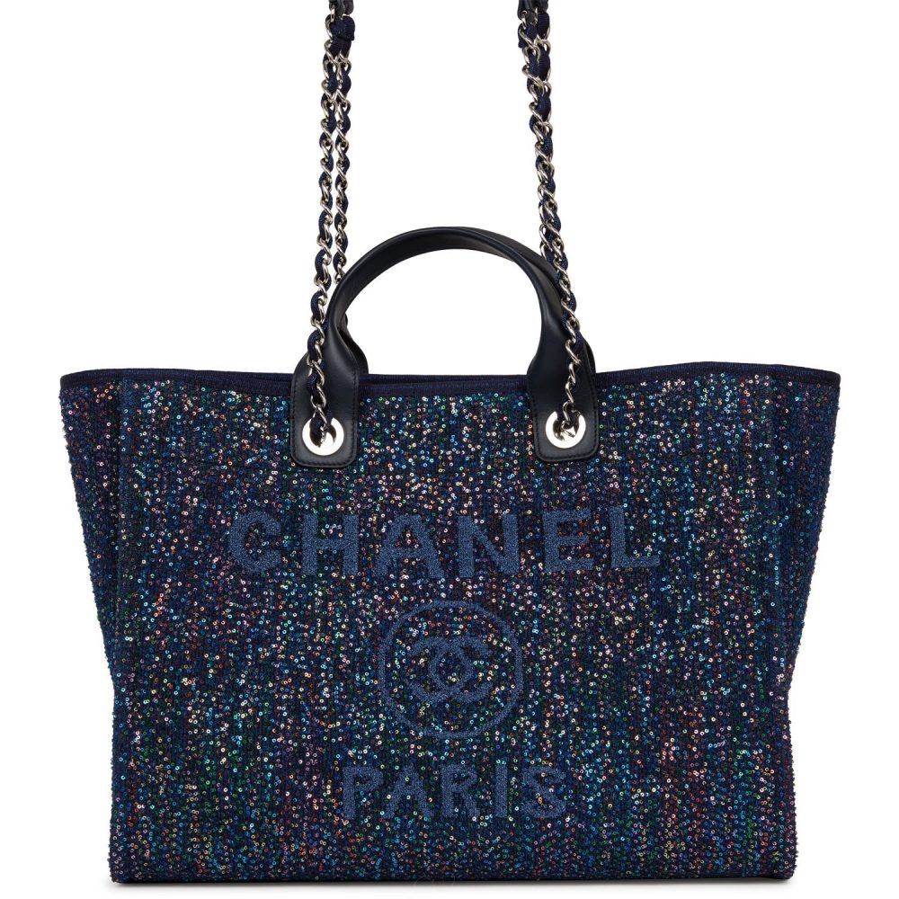 Chanel Large Deauville Shopping Tote Blue Sequin Boucle Silver Hardware - Image 2