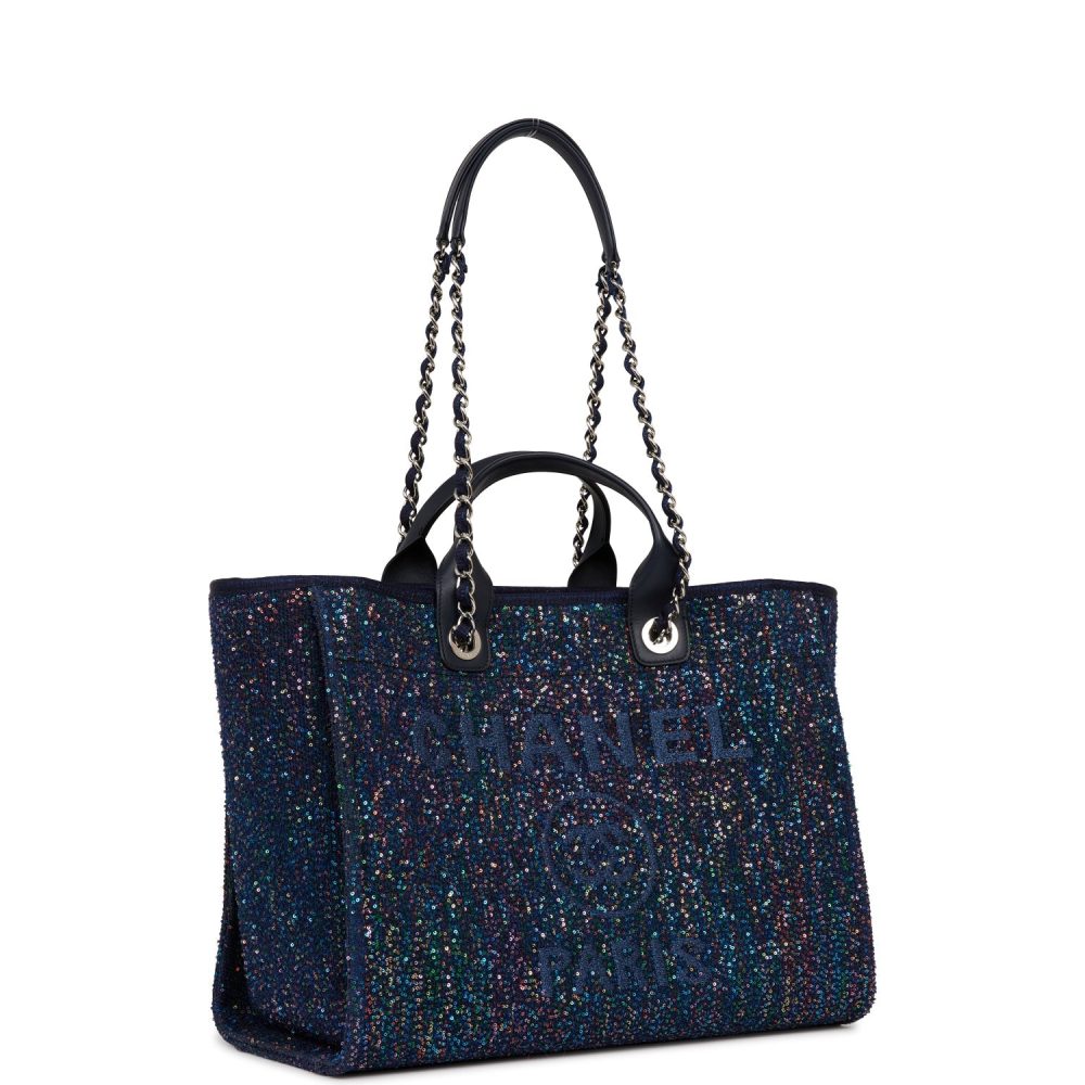 Chanel Large Deauville Shopping Tote Blue Sequin Boucle Silver Hardware - Image 3